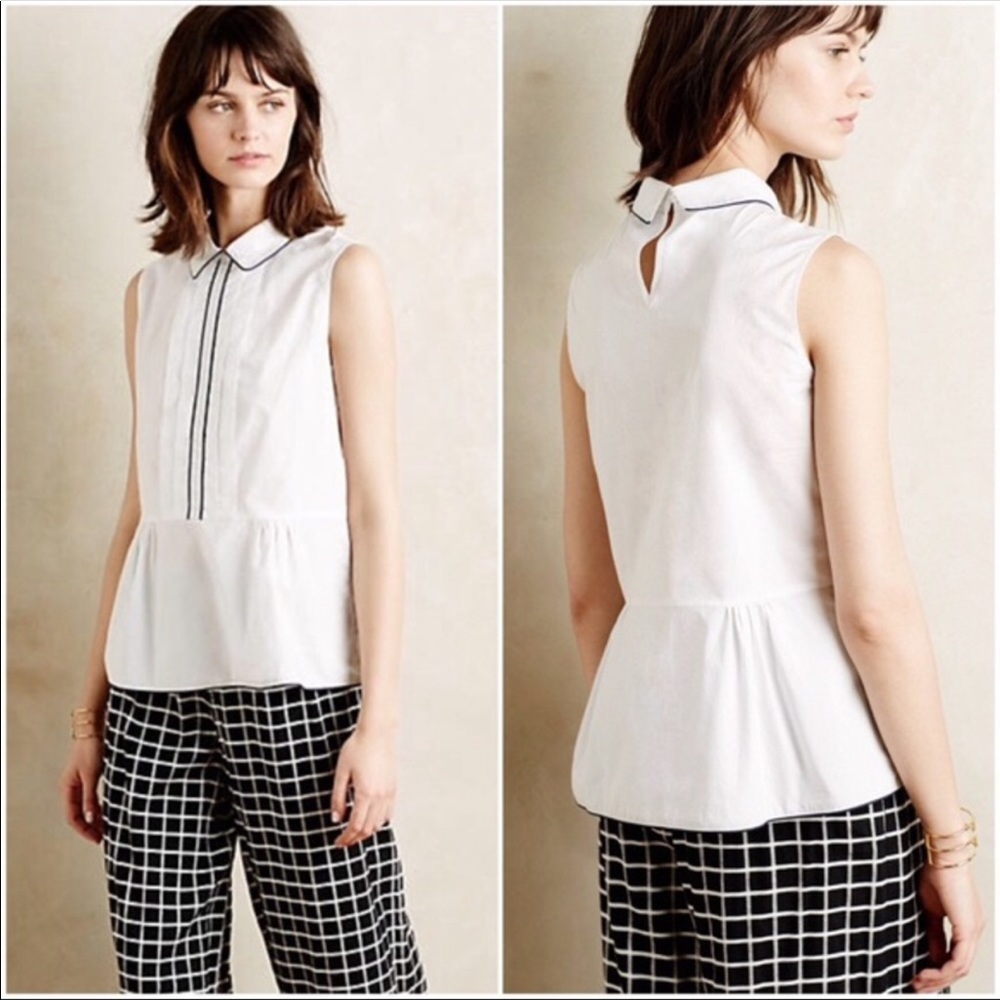 Sleeveless White Peplum Collared Top with Contrast Trim